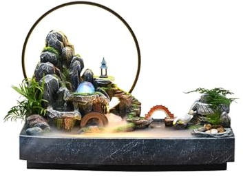 Indoor Rockery Stream Tabletop Waterfall Fountain w/LED Light Mist Circulating Water Feature Feng Shui Desktop LED Lamp for Meditation Relaxation(L)