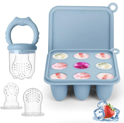 Silikon Fruchtsauger Baby Babybrei Einfrieren Behälter Set, Lebensmittel Zum Kühlen Und Lindern Des Zahnens, Selbstfütterung Zum Obst, Muttermilch, inklusive 3 zusätzlichen Schnullern (Ether)