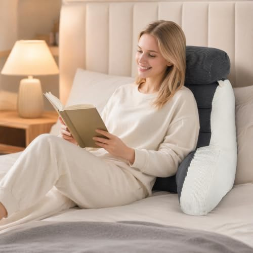 DoeDoefong Lesekissen für Bett und Sofa 65x60cm, Rückenkissen mit Armlehnen & Nackenrolle, Leseknochen Erwachsene aus Cord, Sitzkissen zum Lesen, Fernsehen, Faulenzen, Grau