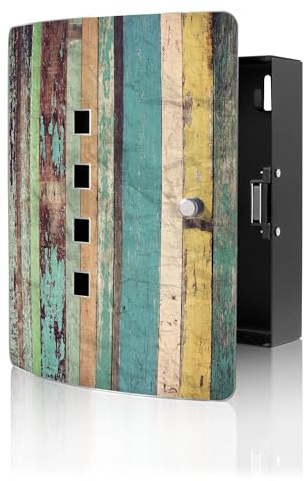 banjado Design Schlüsselkasten aus Edelstahl für 10 Schlüssel - Schlüsselschrank zur Schlüssel Aufbewahrung 24 x 21,5 x 7cm groß mit praktischem Magnetverschluss - Motiv Bunte Bretterwand