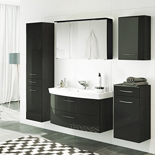 Lomadox Komplett Badezimmermöbel Set in Hochglanz grau mit 100cm Waschtisch mit 2 Softclose-Auszügen und LED-Spiegelschrank