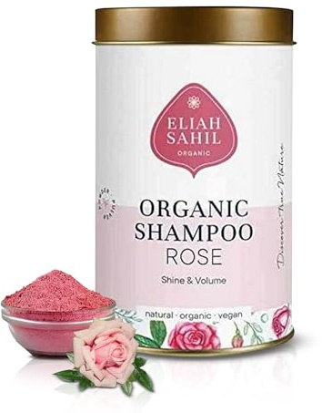 ELIAH SAHIL Bio Pulver Shampoo Rose Volume | 100 gr. Shampoopulver ca. 30 x waschen I 100% Bio zertifizierte Naturkosmetik I Vegan und Tierversuchsfrei I Damen und Herren Shampoo