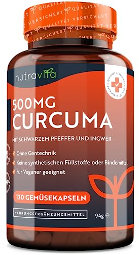 500mg Curcuma Extrakt Kapseln - 120 Kapseln - Mit 95% reinstem Curcumin - Laborgetestet - Mit Pfeffer & Ingwer - Curcuma Kapseln - Hochdosiert - Nutravita Kurkuma