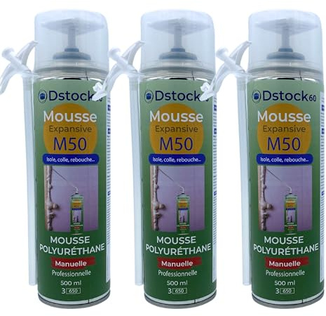 DSTOCK60 - LOT DE 3 MOUSSES EXPANSIVES MANUELLES 500ML - MOUSSE POLYURETHANE PROFESSIONNELLE - ISOLE, COLLE, REBOUCHE - EXTERIEUR ET INTERIEUR
