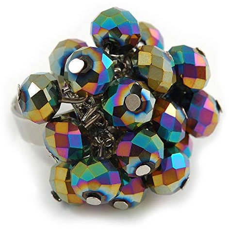 Avalaya Bague grappe de perles de verre paon en métal argenté – Réglable 7/8