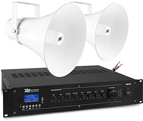 Power Dynamics Outdoor Horn Speaker PA System - Complete 100V Audio Solution with PRM120 Mixer Amplifier, 2x HSR30 Weatherproof Speakers & Cable Set for Commercial Installations