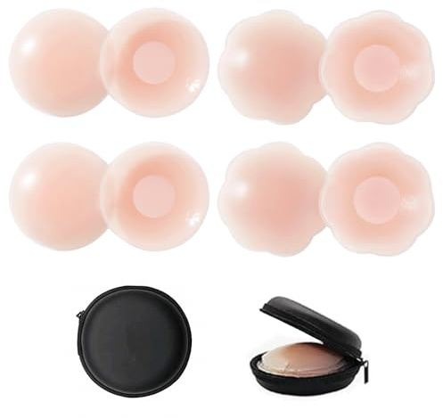 4 Paires d'autocollants de Poitrine en Silicone Invisibles, Autocollants de Poitrine en Silicone pour Femmes, réutilisables, (2 Paires de Ronds + 2 Paires de Fleurs)