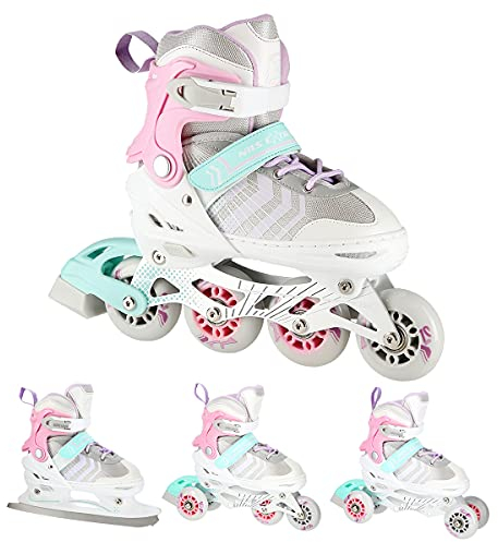 Nils Extreme Inline Skates 4in1 - Schlittschuhe Kinder - Inliner für Kinder und Erwachsene - Inliner mit ACEB7-Lager - Eislaufschuhe Kinder – 39-43 - Verstellbare Rosa - NH18192