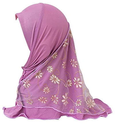 NICEYST Girls Ice Silk Muslim Khimar Hijab Headscarf Flower Arab Scarf Shawls Neck Wrap Islamic Head Wrap for Age 2-7 Years (Style 2-Light Purple)