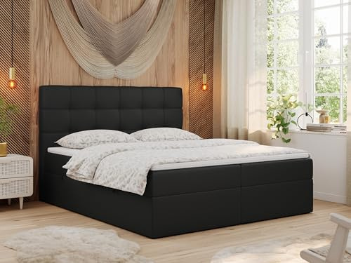 MKS MEBLE Boxspringbett mit Matratze, Bett mit Multipocket - Matratze und Topper T25, Polsterbett mit Bettkasten und Kopfteil, ERNI (180x200 cm, H3 Schwarz, Kunstleder)