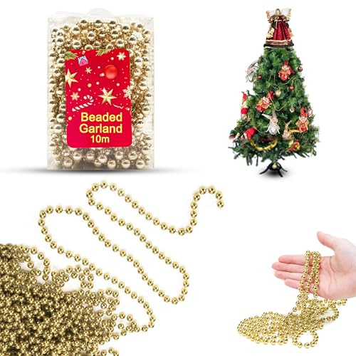 Champagner-Gold-Perlenkette, 10 m, luxuriöse Kunststoff-Weihnachtsgirlande, Weihnachtskette für Tisch- und Baumdekoration, Partydekoration