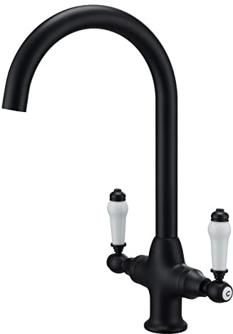 Kitchen Mixer Tap with White Ceramic Dual Lever, Matte Black Kitchen Sink Faucet with 360 Swivel Spout. Traditional Swan Neck Bar Taps with Flexible Hoses