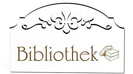 Bibliothek Türschild Schild Holz graviert Ornamente selbstklebend Bücherei Vintage Türdeko 15,5 x 9,5 cm