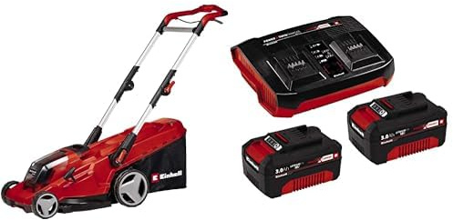 Einhell Cortacésped a batería GE-CM 36/41 Li-Solo Power X-Change (36 V, 41 cm Ancho de Corte, hasta 500 m², Brushless, 50L Bolsa recolectora, 25-75 mm Altura de Corte,) + Twinpack 3 Ah