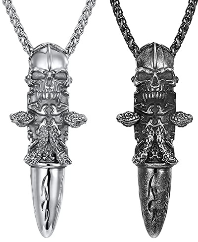 JewelryWe Schmuck 2pcs Halskette Herren Retro Gotik Totenkopf Schädel Schlange Patronenhülse Gewehrkugel Kugel Edelstahl Anhänger mit Kette Geschenk für Männer Schwarz Silber