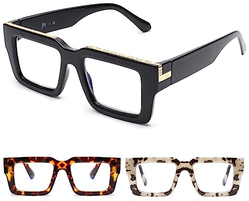 JM Oversized Reading Glasses for Women Men with Spring Hinge, Fashion Square Blue Light Blocking Computer Readers 3 Pack 2.5 (Black + Brown + Grayish White)