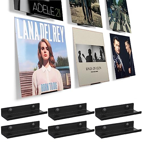 BiJun Vinyl Wall Mount 6 Pack, Black Metal Vinyl Shelves Holder Display Record Wall Mount Stand for Albums LP Minimalist Record Storage Set for CD Display in Office Home (Wall Black06)