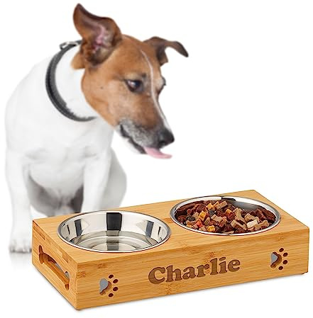 Casa Vivente Personalisierte Futterbar für Hunde, Wassernapf und Futternapf aus Edelstahl, Erhöhter Napf für kleine Hunde, mit Namensgravur und Holzoptik