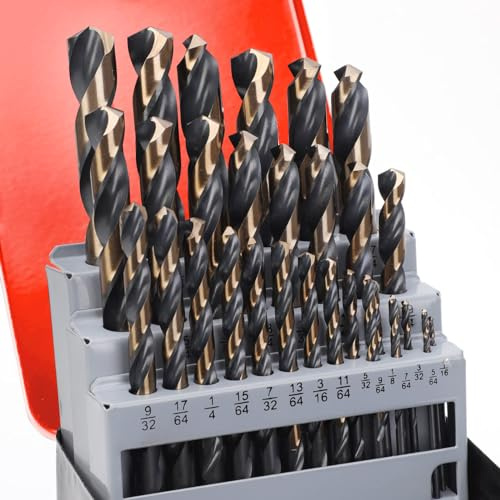 AIMLENTOOL 29Pcs Drill Bit Set, 135° Tip HSS with Black and Gold Finish, Twist Jobber Length Drill Bit Kit for Hardened Metal, Cast Iron, Stainless Steel, Plastic and Wood with Storage Case 1/16-1/2