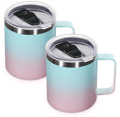 Volhoply Tazza da caffè isolata in acciaio inox da 420 ml, con coperchio a prova di perdite, tazza da viaggio sottovuoto a doppia parete con manico, tazza termica in metallo, per mantenere caldo