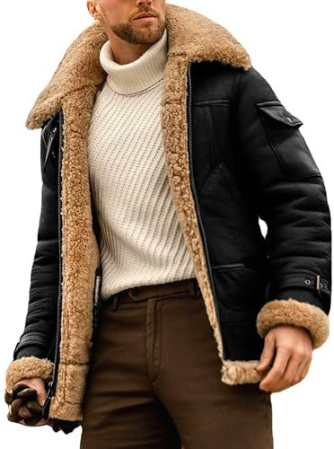 ZDJSWJ Cappotto vintage in pelle con collo in pelliccia da uomo Sherpa cappotto in pelle PU foderato Cappotto termico da volo per moto
