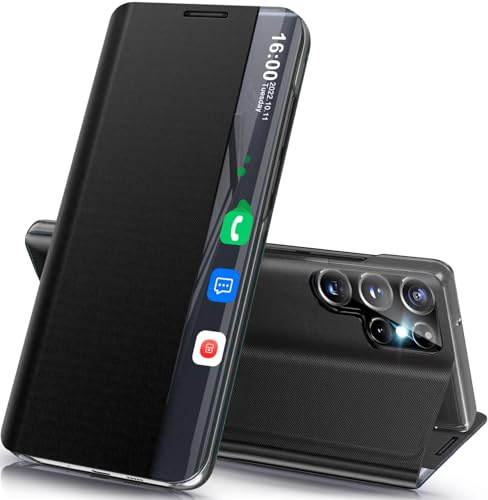 Handyhülle für Samsung S24 Ultra 5G Hülle Klappbar, Clear View S24 Ultra Cover Spiegel Flip PC Stoßfest Case für Samsung Galaxy S24 Ultra Hülle mit Ständer, für Samsung Galaxy S24 Ultra 5G (Schwarz)