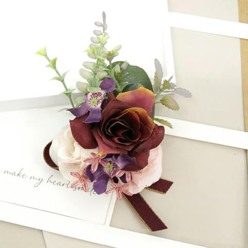 EboLD Ansteckblume im Vintage-Stil für Gäste, rosa Blumen, künstliche Seidenrose, Hochzeit, Abschlussball, Corsage, Handgelenk-Accessoire, 06 Ansteckblume