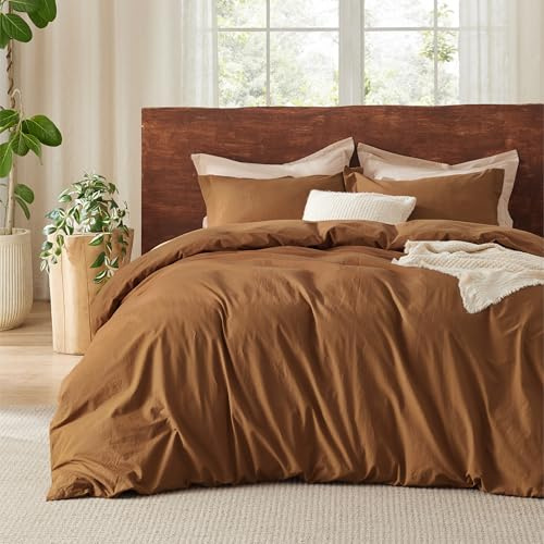 Bedsure 100% Washed Cotton Duvet Cover Queen Size - Hazelnut Brown Minimalist Cotton Duvet Cover Linen Like Breathable - GentleSoft™ Plain Simple Bedding (Hazelnut Brown, Queen, 90x90)
