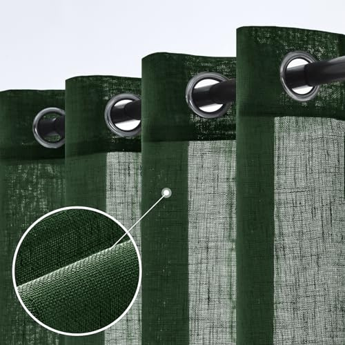 Woaboy Leinen Gardinen Vorhänge Ösen 2er Set 140x225cm Dunkelgrün | Leinenoptik und halbtransparentes Gewebe für Wohnzimmer und Schlafzimmer, moderne Stores mit weichem Licht.