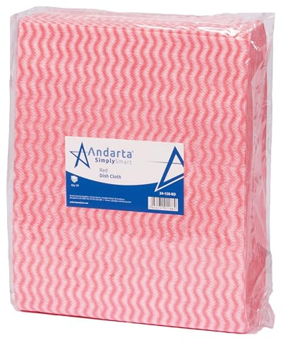 andarta - Red J-Dish Cloths - Pack of 50 (35 x 42cm) - Versatile Cleaning Cloths for Kitchens, Bathrooms and General Areas - Absorbent, Quick-Drying, Washable and Lightweight