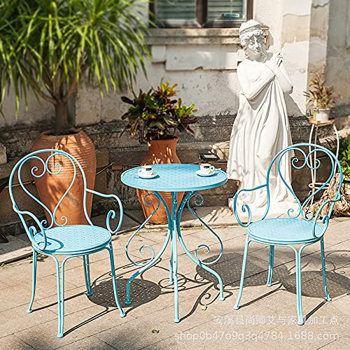 3-teiliges Bistro-Set für den Garten, Terrassenmöbel-Konversationsset im Eisendesign für den Außenbereich, mit 23-Zoll-Rundtisch und 2 Armlehnstühlen, 3-teiliger Tisch und Stühle (blau)