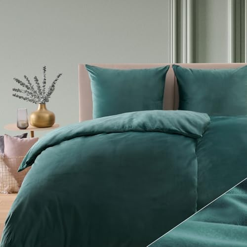Blumtal Winterbettwäsche 135x200 cm, 4-teiliges 2er-Set – Cashmere-Touch Plüsch aus Flauschiger Mikrofaser, Oeko-TEX Zertifiziert, 2 Deckenbezüge + 2 Kissenbezüge 80x80 cm – Blau/Petrol