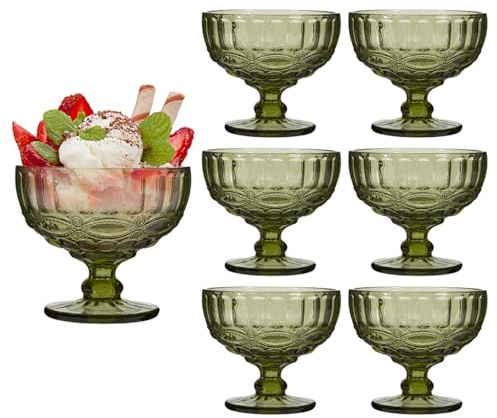 Dibor Glass Dessert Bowl Set of 6 Green Embossed 300ml Footed Sundae Glass Dessert Cup Dishes Afternoon Tea Tableware Ice Cream Sorbet Fruit Salad Cocktail Bowl