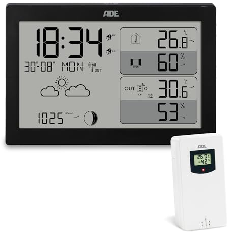 ADE Digitale XL-Wetterstation Funk mit Außensensor und Wettervorhersage | Innen- & Außentemperatur | Thermometer und Hygrometer | Luftdruck | Funkuhr mit 2 Weckzeiten | Datum und Mondphasen | schwarz
