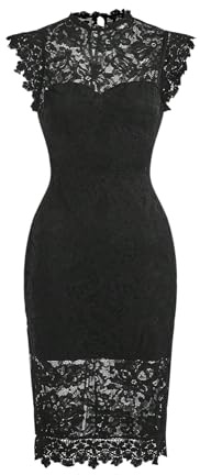 SweatyRocks Spitzenkleid Damen Kleid mit Spitze Sommerkleid Elegante Kleider Figurbetont Midikleid Stehkragen Partykleid mit Schlitz Schwarz S