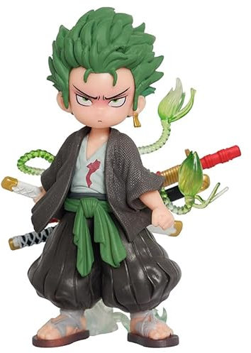 WHYDY Standing Q Edition Zoro Anime Figure - 14cm One Piece GK Rorono Azoro Statue Figure Decoration, PVC Straw Hat, Pirate Zoro Model, Action Collection, Doll Decoration Gift, Brown and Black