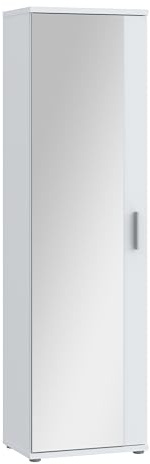 FORTE NET106 Schrank 50, Schuhschrank, Garderobenschrank, Abstellraum, Drehtürenschrank, 1-türig mit Einlegeböden, Weiß mit Spiegel, 50 cm breit x 180 cm hoch x 35 cm tief