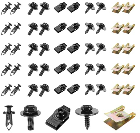 Knpwer 100 Pcs U Clips Fixation et Vis Kit Universal Metal,Vis d'Aile de Carrosserie,Assortiment Agrafes de Carrosserie,Ecrou Cage Voiture,Clip à Vis et Écrou de Kit