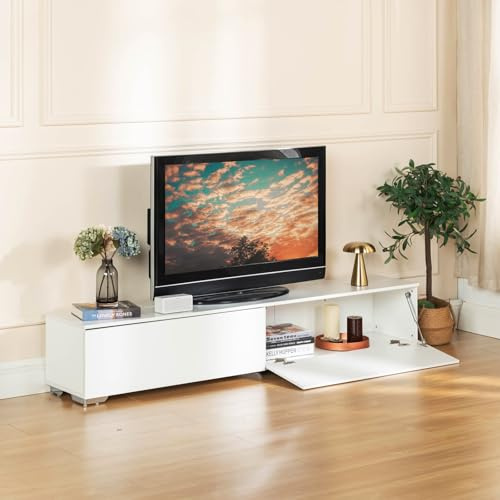 Ginhow TV Schrank Weiss mit 2 Türen, TV Lowboard Weiß Für Wohnzimmer — 180x 33x 3cm, Viel Stauraum — TV Board, Moderner Fernsehtisch, TV Lowboard Hängend