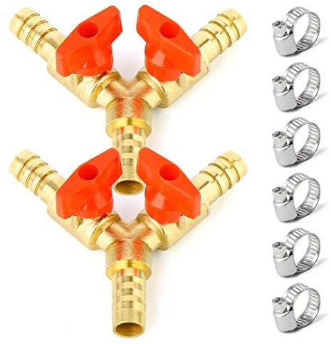 ERGAOBOY 2 Pcs 3 Way Hose Shut-Off Ball Valve, 8mm Hose Connection 2 Switches Brass Y Shaped Valve with 6 Clamps