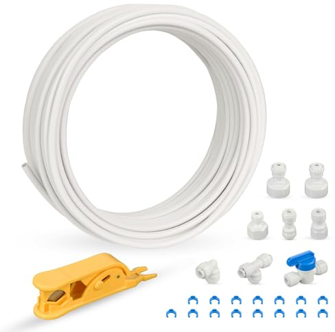 iSpring ICEK-E Kit de Tuyau d'Eau 15m 1/4 pour Fabricateur de Glace et Réfrigérateur, Tuyau d'Alimentation en Eau avec T-Piece, Robinet d'Arrêt, Coupe-Tube et Multiples Connecteurs