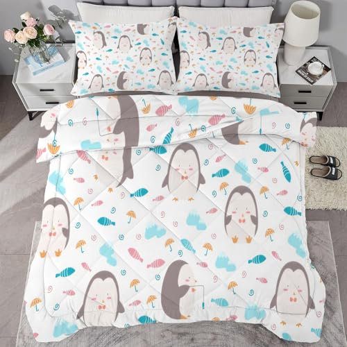 buyluhn Piumino completo con pinguino, reversibile, per tutte le stagioni, 7,5 tog, lavabile in lavatrice, per letto matrimoniale, estate e inverno, leggero, 2 federe