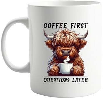 signkitsuk Funny Highland Cow Coffee Mug “Coffee First Questions Later” – Cute Cow Mug 11oz, Animal Lover Gift, Farm Animal Cup, Funny Morning Coffee Mug for Home or Office