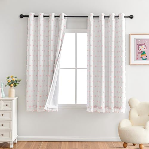 MYSKY HOME Gardinen Kinderzimmer Mädchen Vorhänge Kurz Rosa Pompons —— Verdunkelungsvorhang mit Ösen Thermo Vorhang Gegen Hitze für Wohnzimmer Schlafzimmer, H 160 x B 140 cm, Rosa