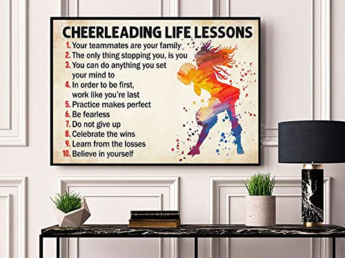 Retro-Poster „Cheerleading Life Lessons, Aquarelldruck, Geschenk für Cheerleader-Mädchen, Wandkunst, Club-Dekor, rustikales Schild für Zuhause und Zimmer, 30,5 x 20,3 cm