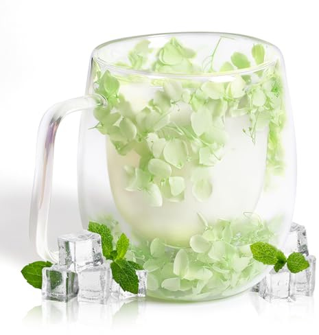 RUIOMII 370ml Fiore Secco Tazzine Caffe Vetro, Tazza Doppio Vetro con Manico, Tazza da Caffè Isolata Regali di Compleanno per Mamma Fidanzata Insegnante