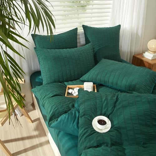 YASMENG Seersucker Bed Linen 135 x 200 cm 4-Piece Dark Green Striped Bed Linen Seersucker Summer Bed Linen Soft Breathable Microfibre Duvet Cover Set with Zip and 2 Pillowcases 80 x 80 cm