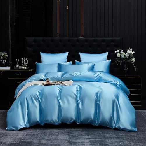 Gezu Biancheria da letto in raso, 135 x 200 cm, 2 pezzi, blu chiaro, Silky Touch, tinta unita, copripiumino in seta liscia, di lusso, con motivo satinato, copripiumino singolo con chiusura lampo e 1