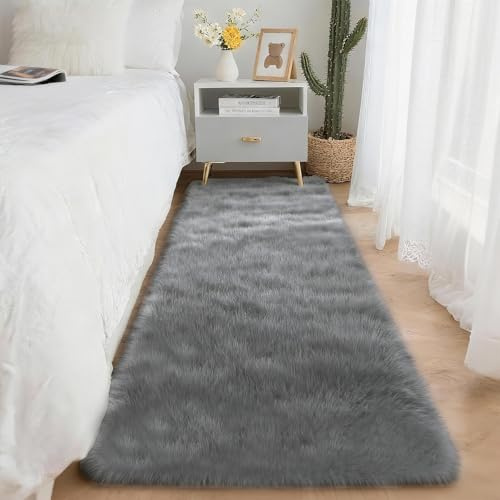 SWGRT 2x6 Solid Fluffy Grey Area Rug – Washable, Durable, Small Bedroom Runner Rug, Non-Slip Shag Rugs for Hallway, Living Room, Bedroom, Bedside, Dorms, Kids Room, Nursery Rooms, Soft Indoor Carpet