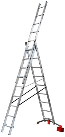 Scala Professionale in Alluminio Regolabile a 3 Tronchi – Doppia, d’Appoggio o Zoppa con Stabilizzatore a Pedale e Cinghie Antiapertura (9+9+9 Gradini)